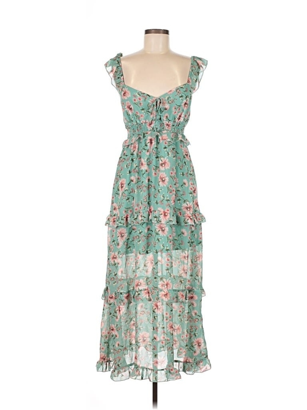 Tiered Ruffle Maxi Dress Mint Green Floral Medium